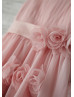 Pink Chiffon 30D flowers Straps Knee Length Flower Girl Dress 